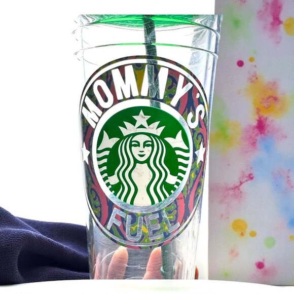 "Mommys Fuel" Starbucks-Style Clear Tumbler With Green Lid & Straw Reusable 24 O - Picture 2 of 11